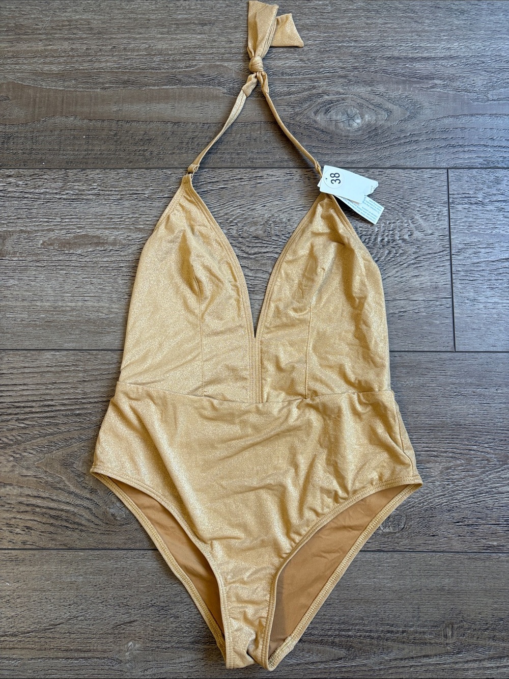 Princess Tam Tam Shimmer Gold Lurex Halter Neck One-Piece Swimsuit EUR Size 38